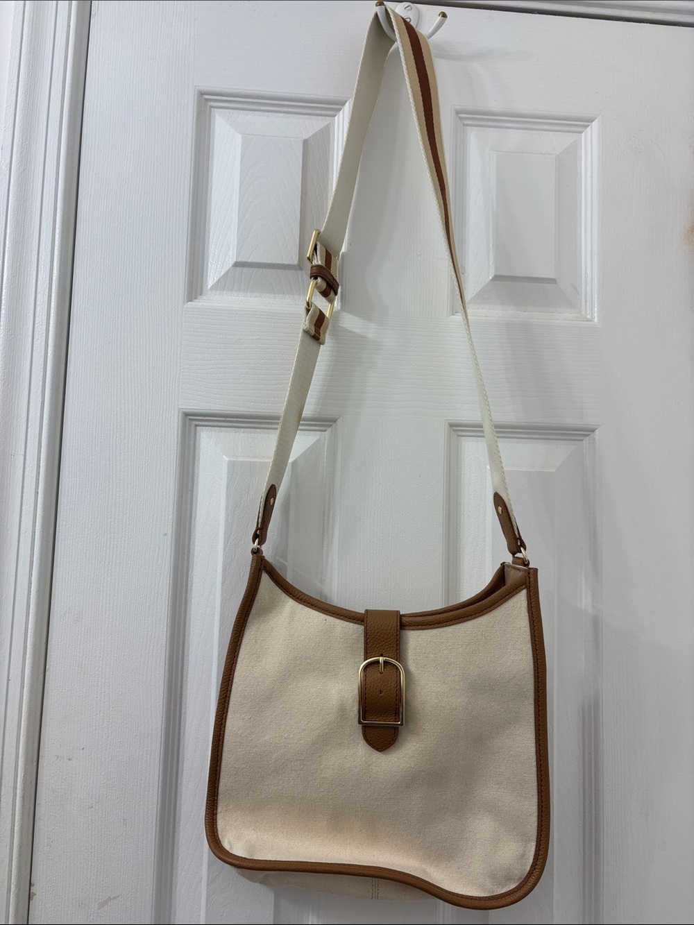 Talbots Cream Canvas Shoulder Bag with Brown Trim